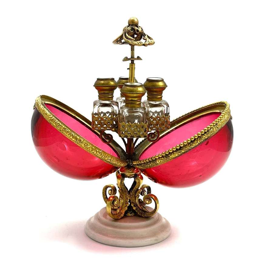 A Large Antique Palais Royal Cranberry Crystal Glass Perfume Casket