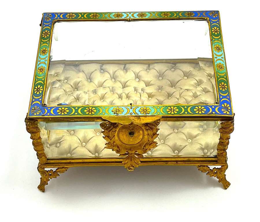 Large Antique French Jewellery Casket Box with Champlevé Enamelling