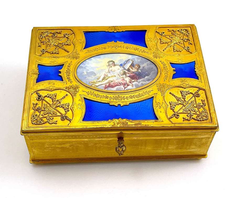 A Large High Quality French Blue Guillouche Enamel & Gilded Bronze Box
