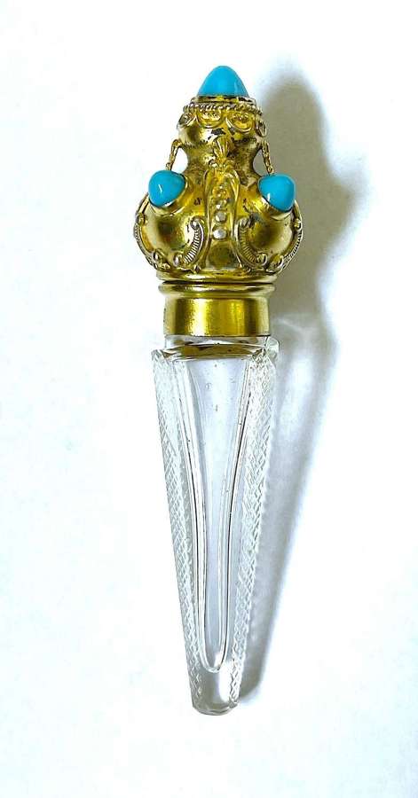 Antique Crystal Perfume Bottle with Crown Top & Turquoise Cabouchons