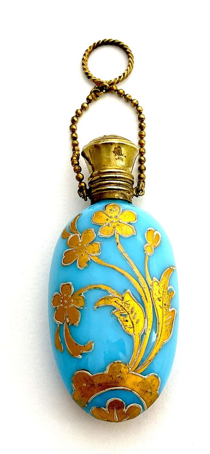 Antique French Blue Opaline Glass Perfume Bottle with Chatelaine