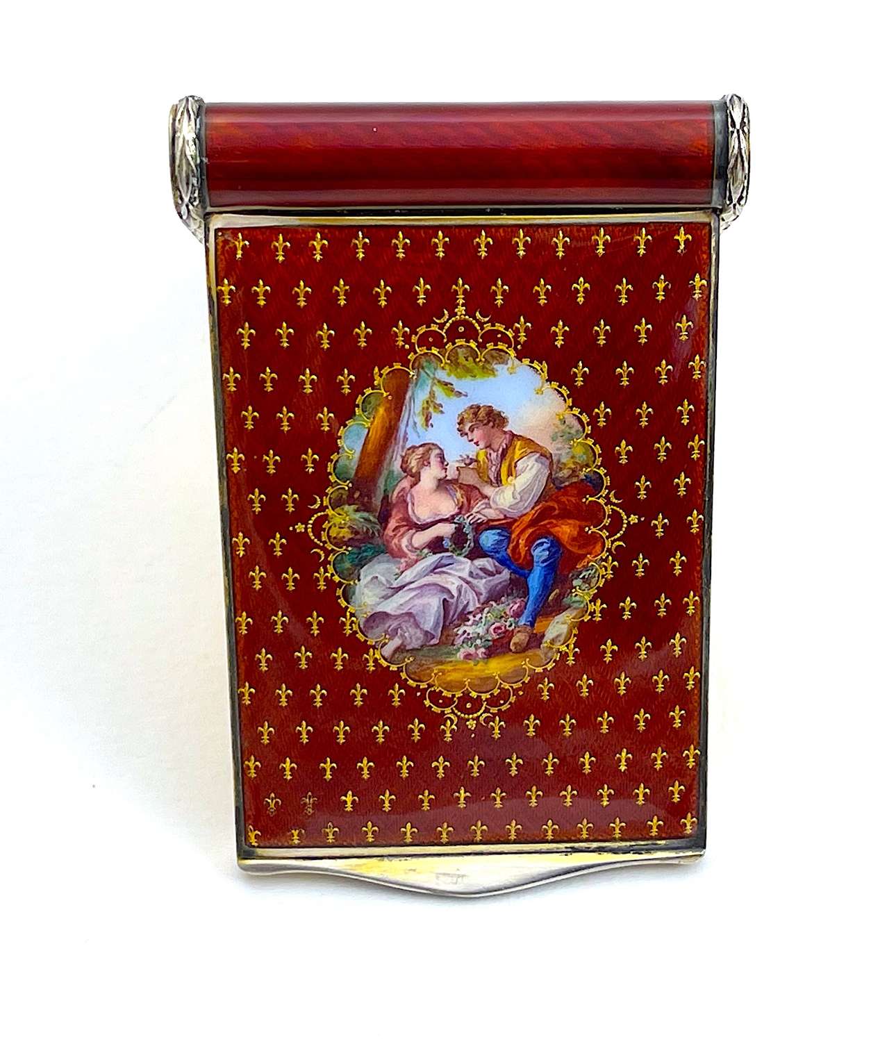 High Quality Antique Silver and Guilloche Enamel Compact Case.