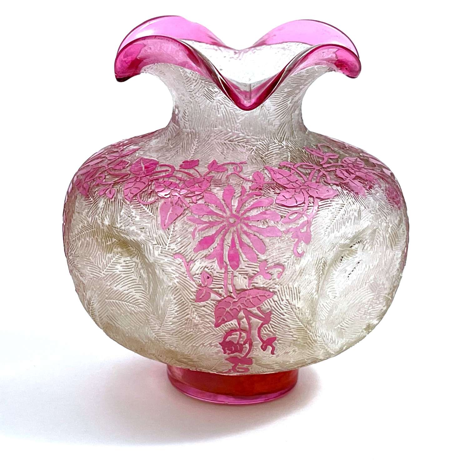 Antique Petite BACCARAT Eglantier Pattern Cranberry Acid Etched Vase.