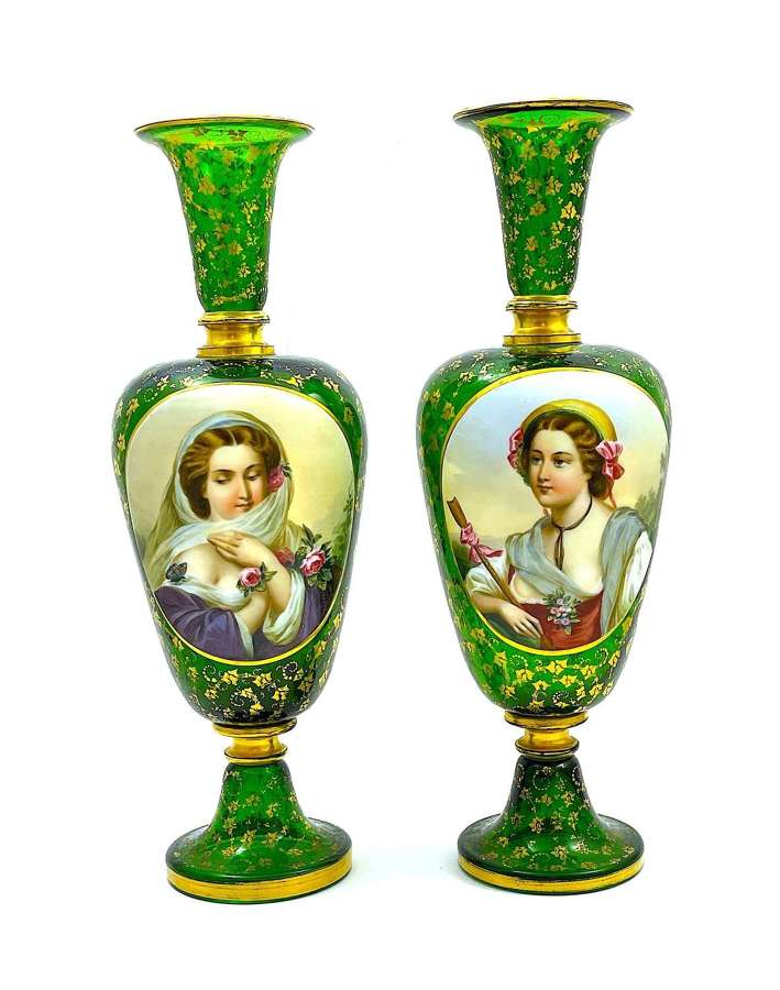 A Large Pair of High Quality Antique Overlay Portrait Vases