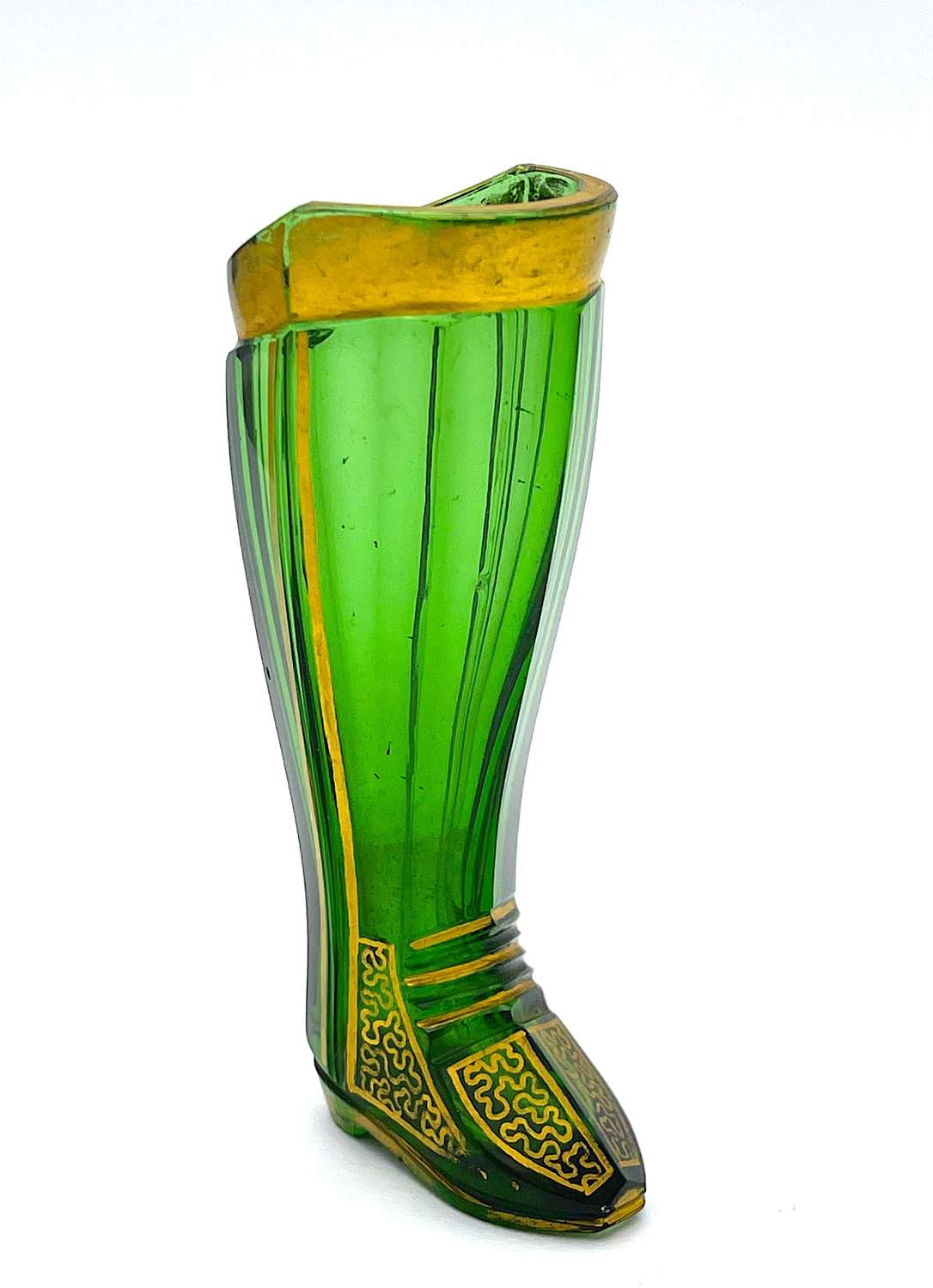 Antique Miniature Bohemian Whimsical Green Glass Boot.