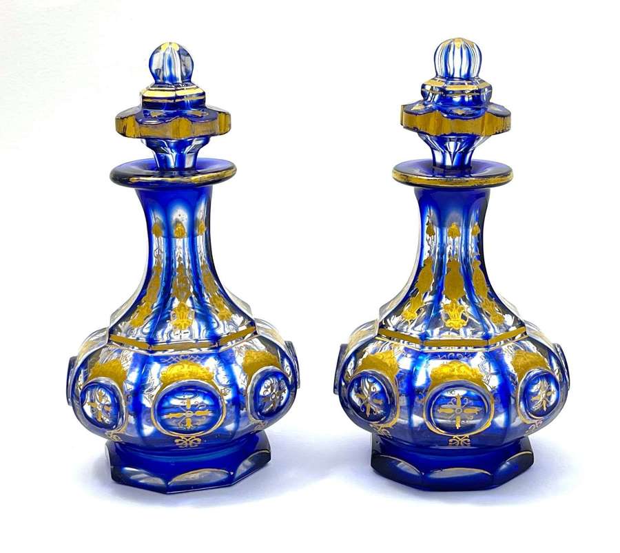 A Pair of Antique Fine Quality Bohemian Blue Enamelled Perfume Bottles