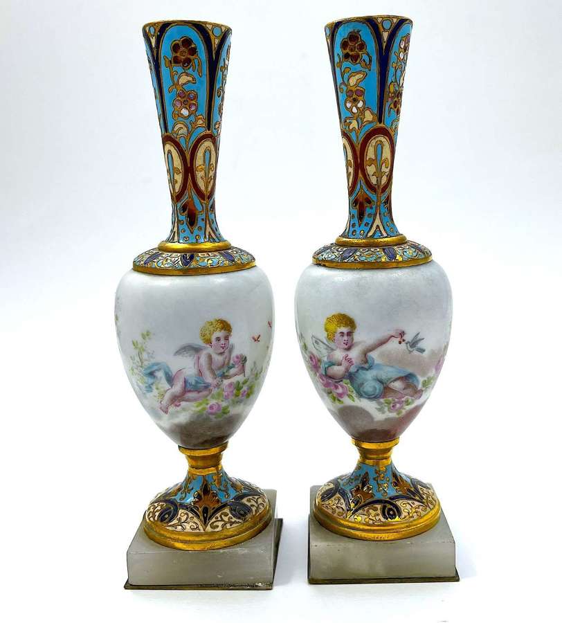 A Pair of Antique French Champlevé Candlesticks