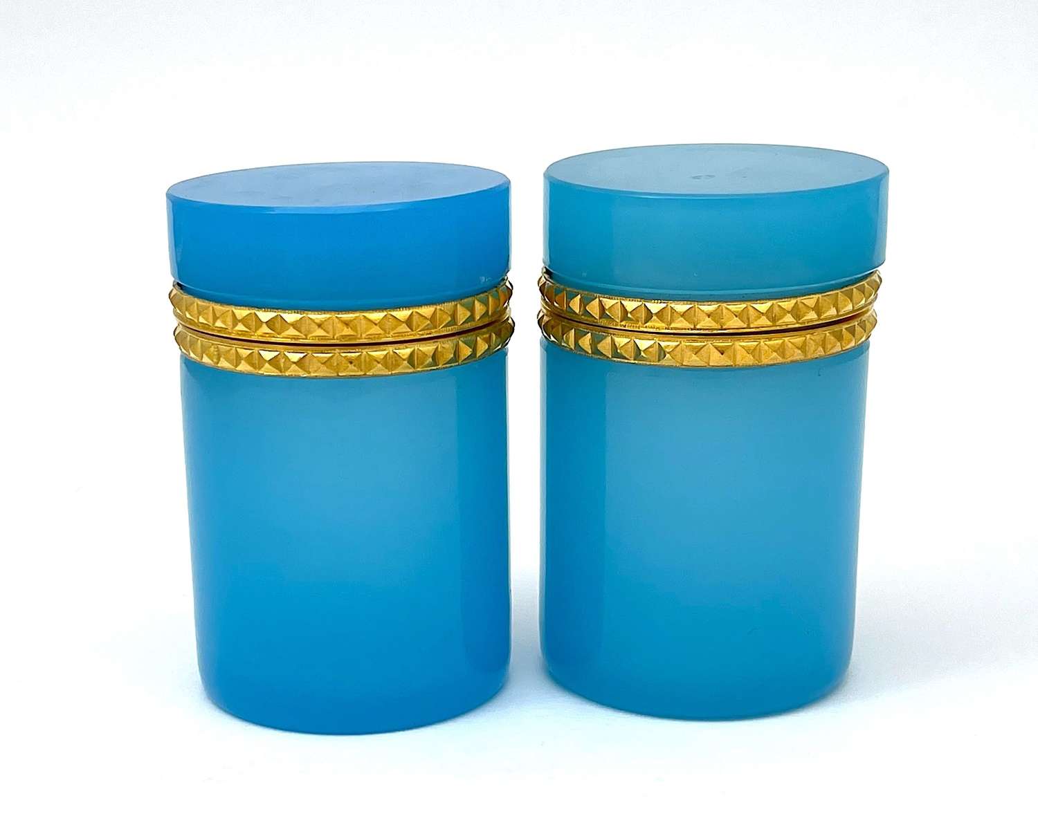 Pair of Antique Blue Opaline Glass Cylindrical Caskets Boxes