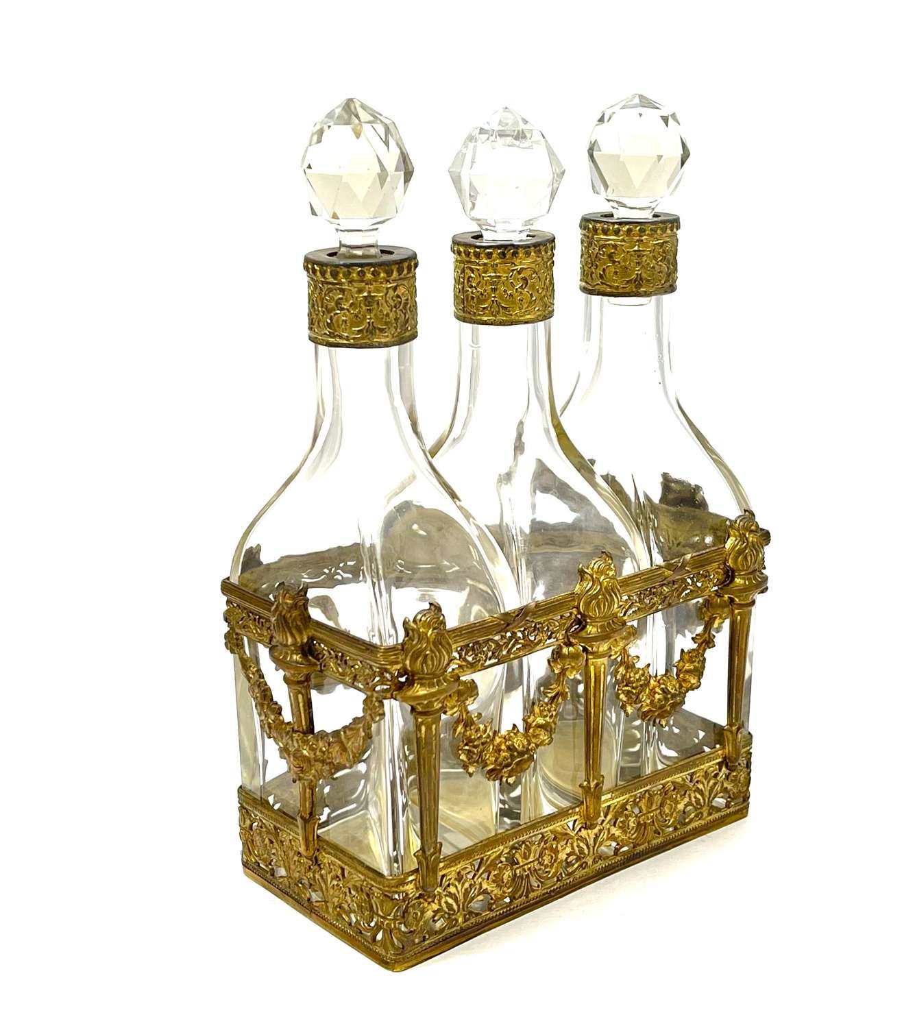 HUGE Napoleon III Triple Perfume Bottle Set with Dore Bronze Garlands