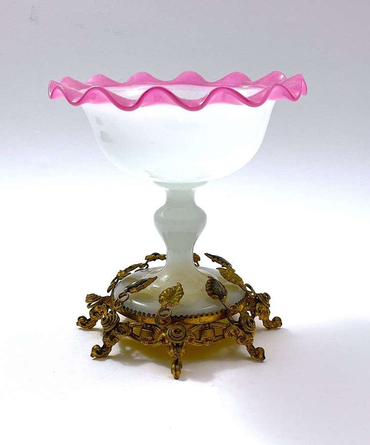 Antique French Pink and  White Opaline Glass Tazza Bowl