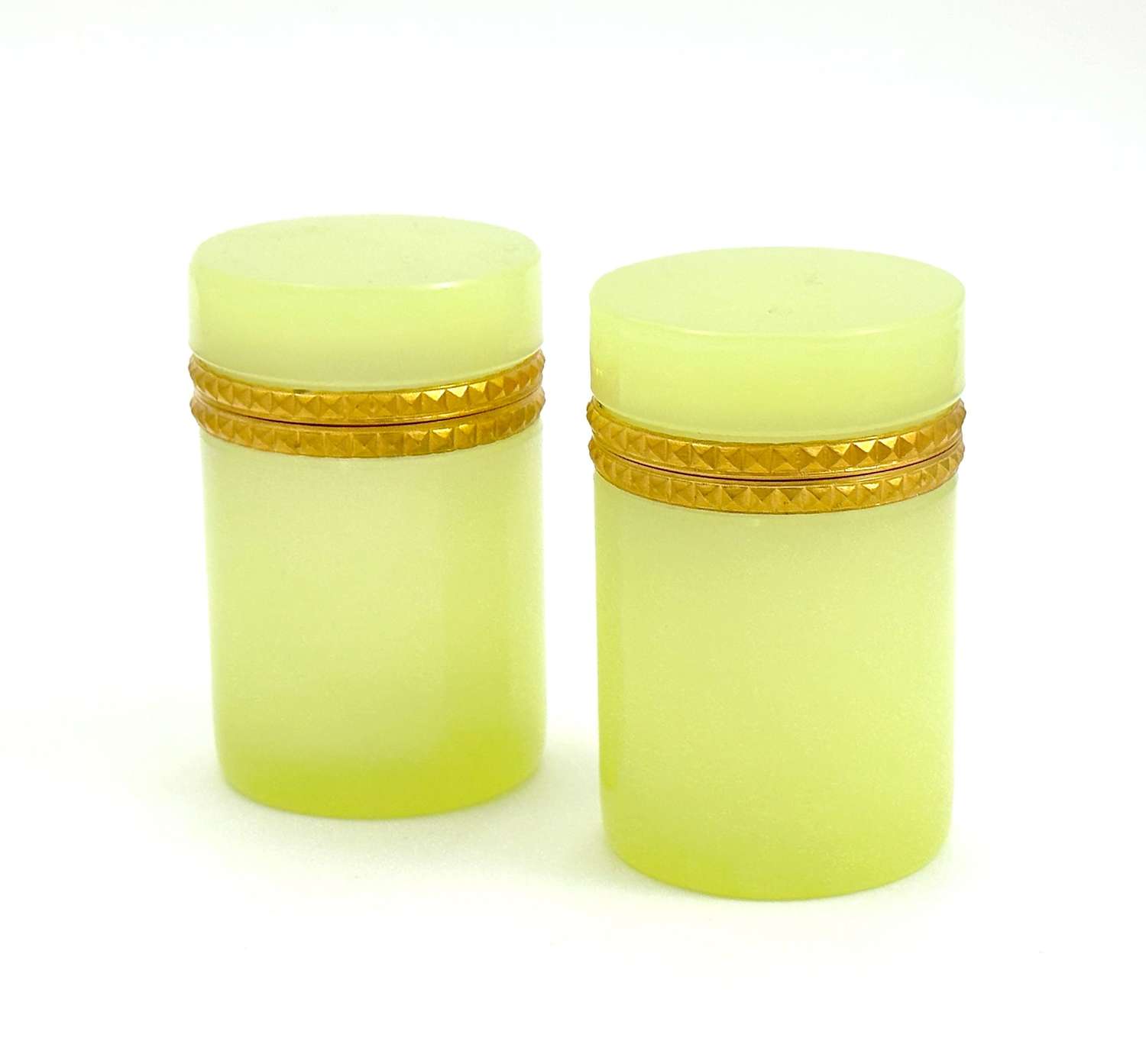 Pair of Antique Yellow Opaline Glass Cylindrical Caskets