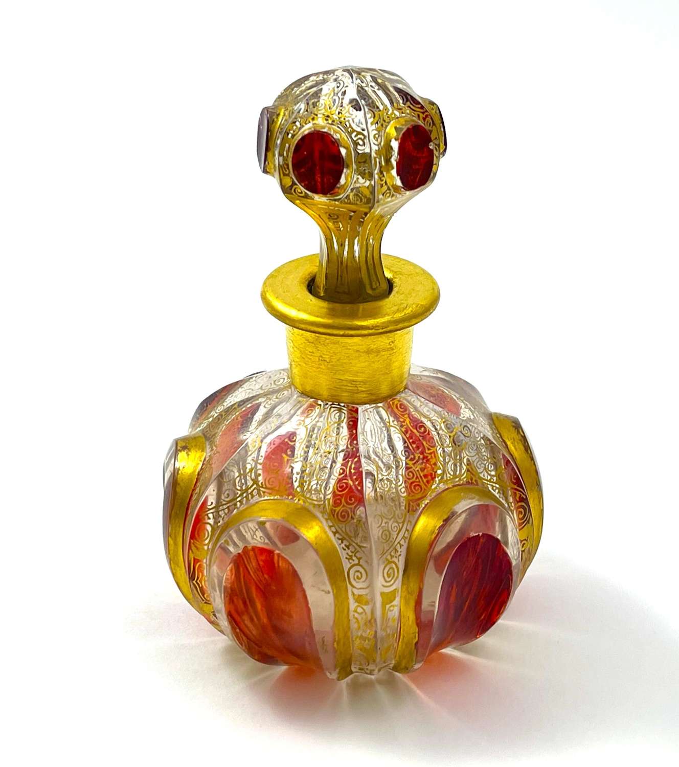 Antique MOSER Red Cut to Clear Perfume Bottle with Ruby Cabochons.