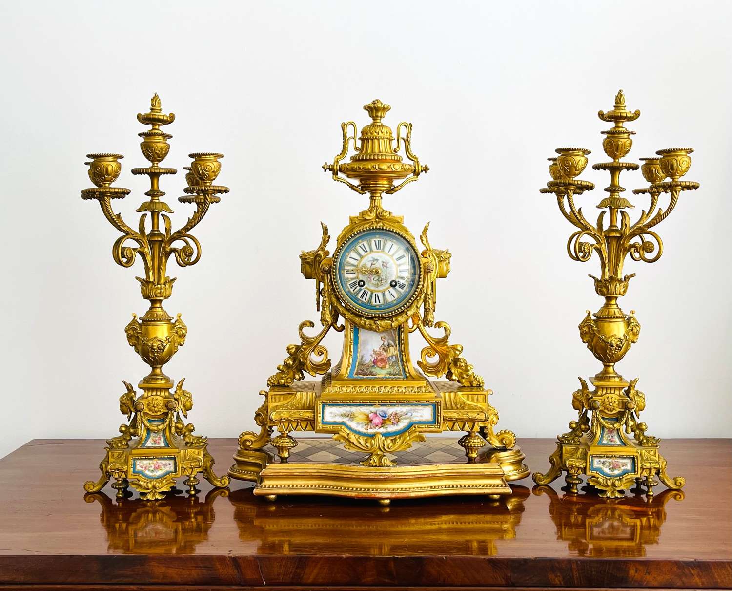 Antique French Porcelain and Dore Bronze Clock Set