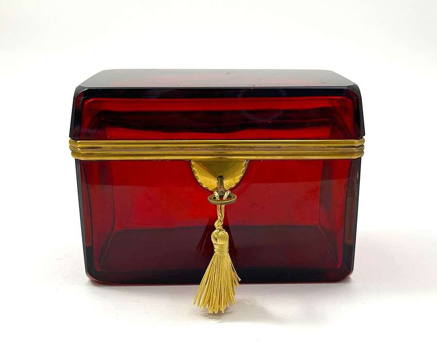 Large Antique French Ruby Red Glass Casket with Dore Bronze Mounts and