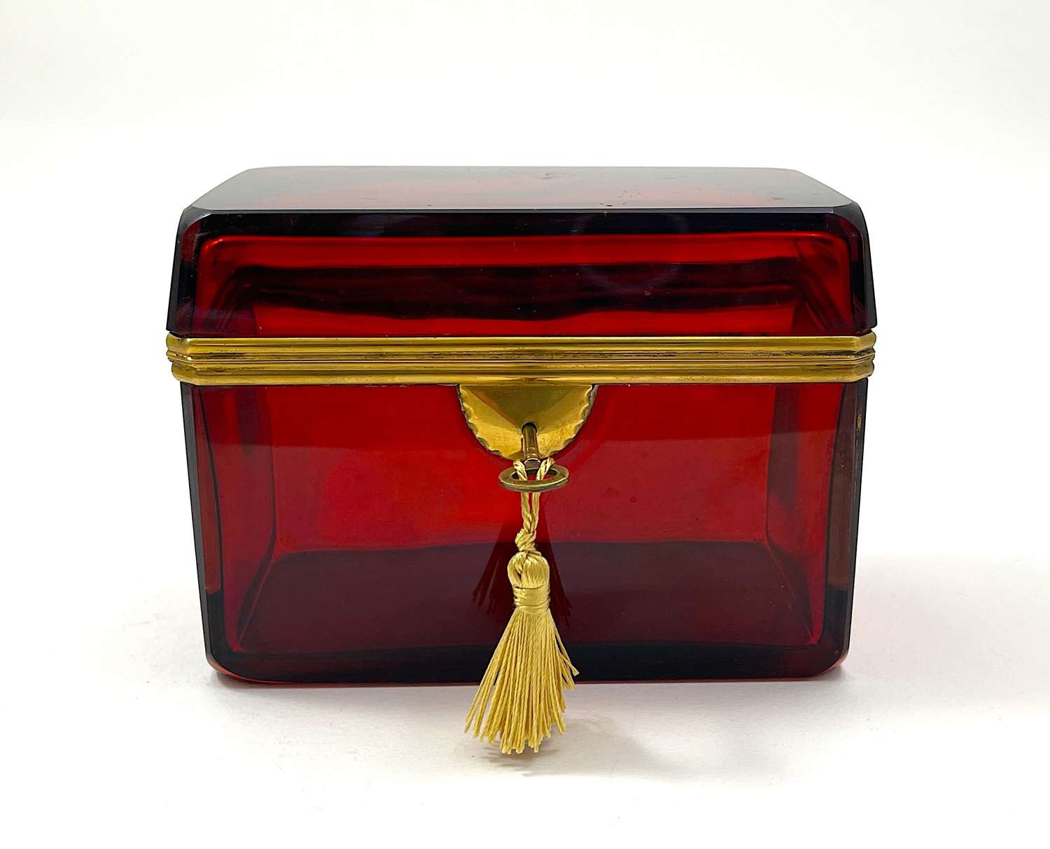 Large Antique French Ruby Red Glass Casket with Dore Bronze Mounts and