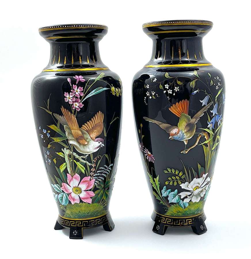 A Pair Antique Moser Black Opaline Glass Baluster Shapes Vases