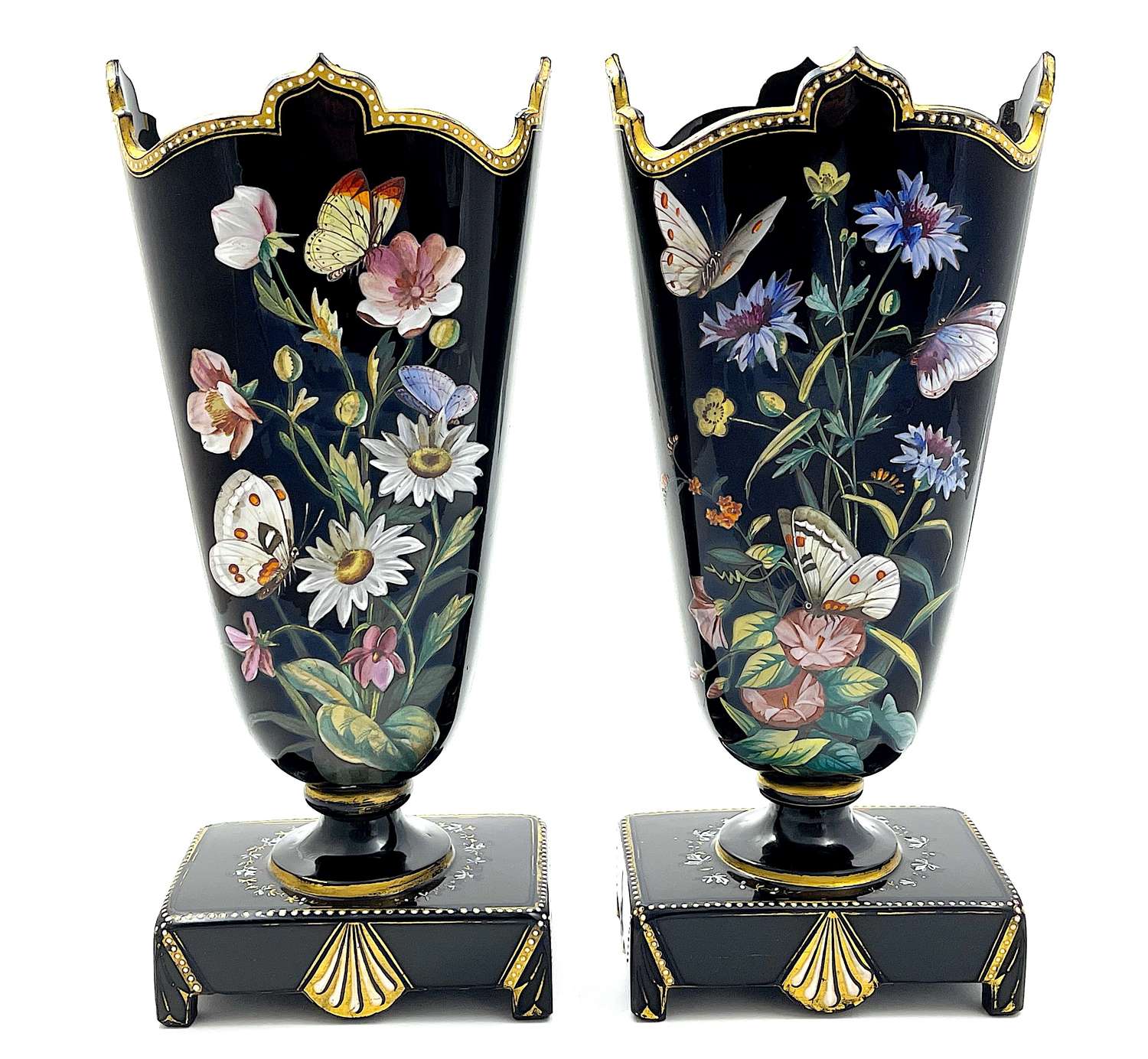 A Pair of Antique Moser Black Opaline Glass Vases with Butterflies