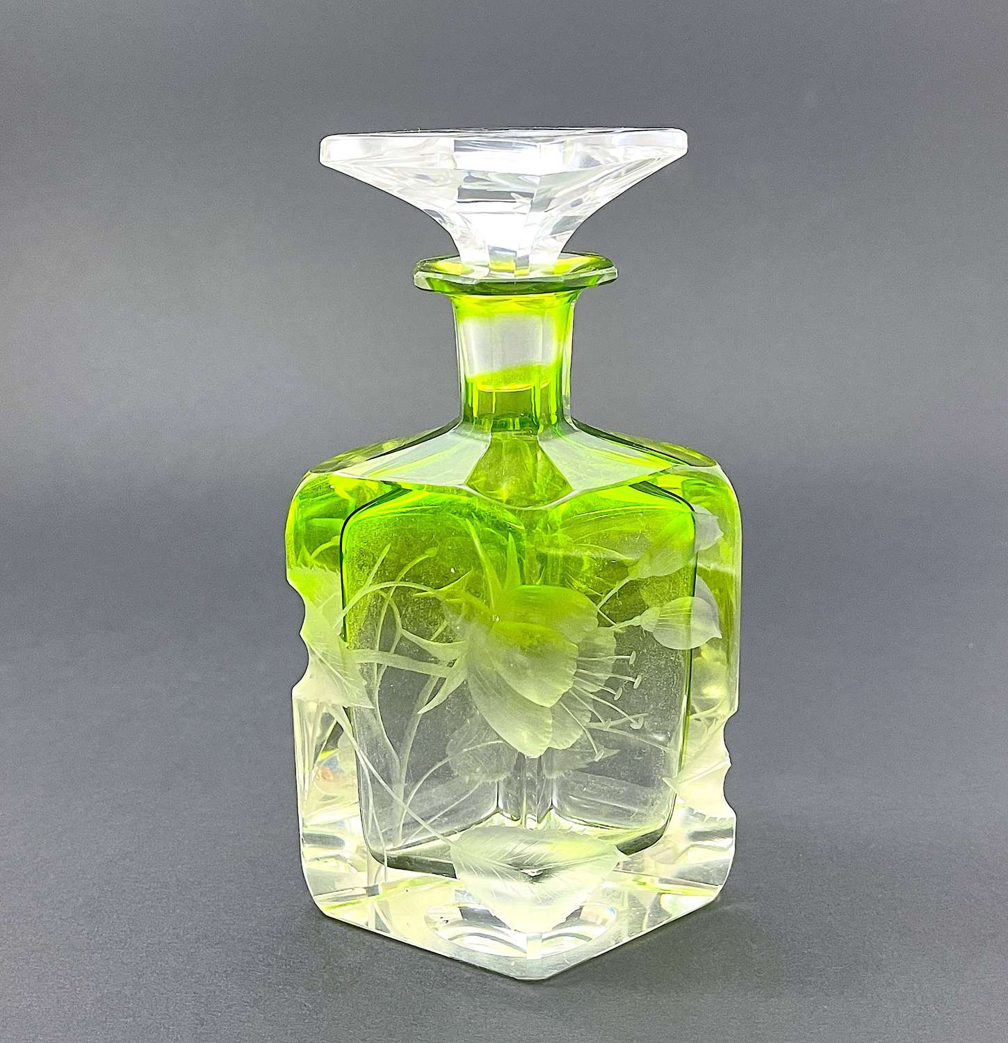Antique Moser Green Cased Glass Perfume Bottle Engraved with Flowers