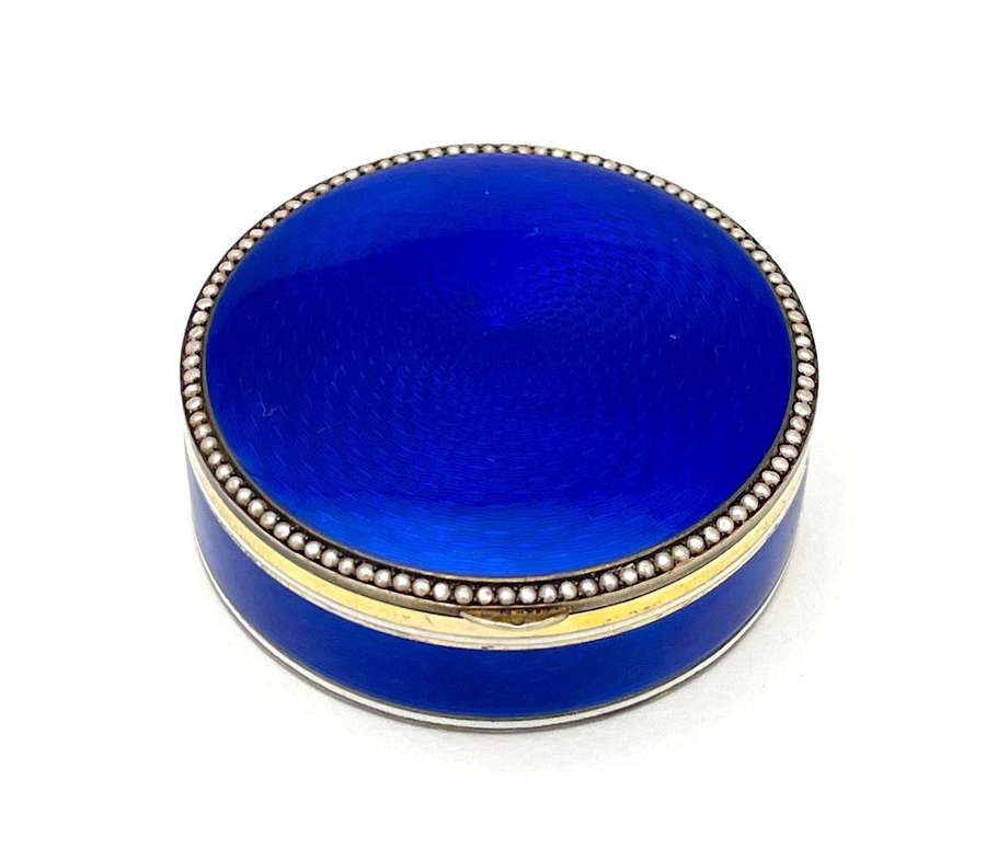 Antique French Blue Guilloche Enamel and Silver Pill Box