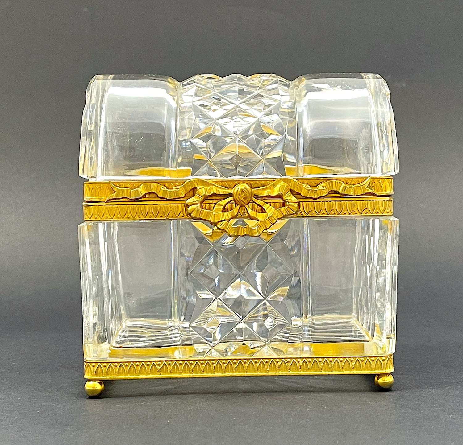 Antique Baccarat Rectangular Cut Crystal Casket with Bow Clasp