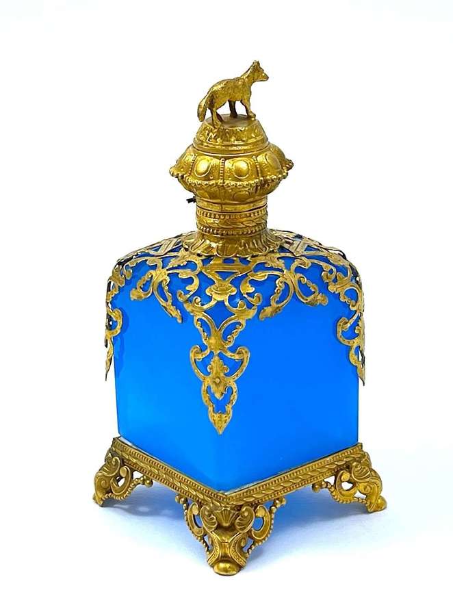 Large Antique Palais Royal Blue Opaline Glass Perfume Bottle with Fox