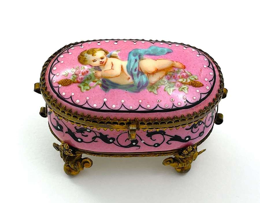 Pretty Antique French Porcelain Casket Decorated with Reclining Cherub