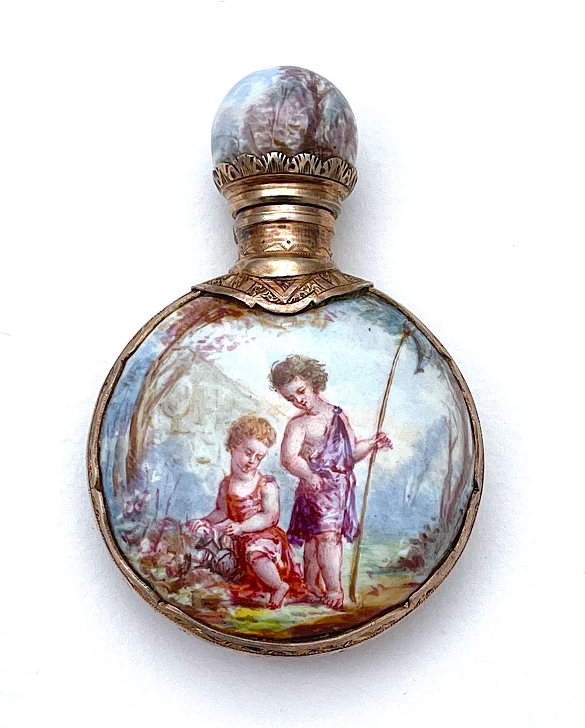 Antique French Enamel Perfume Bottle with Silver Gilt Mounts