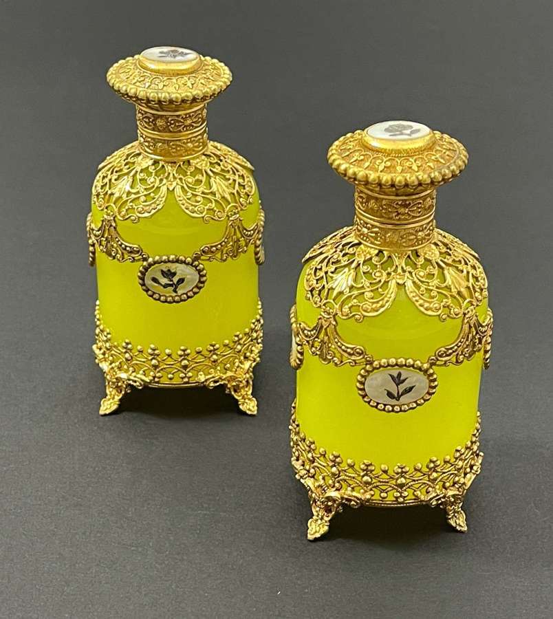 A Rare Pair of French Yellow Opaline Glass Perfume Bottles