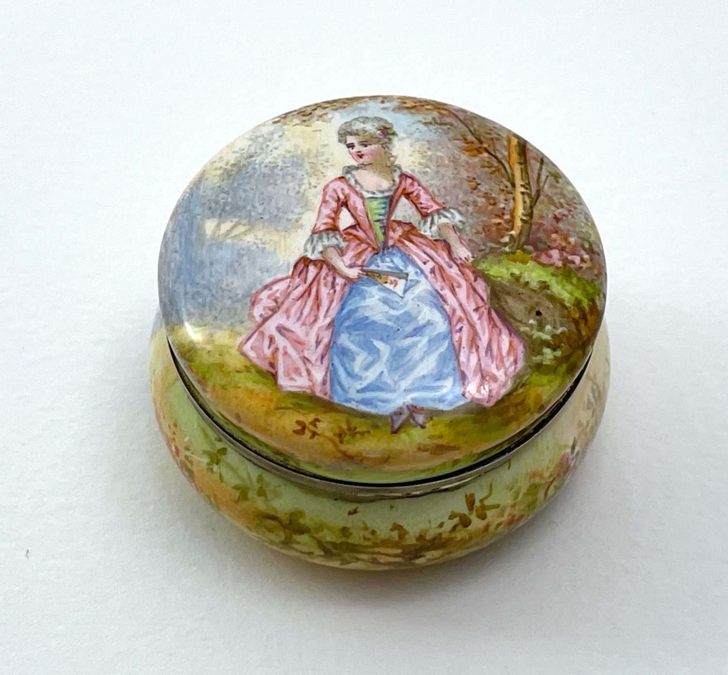 Antique French Enamel Pill Box and Cover with a Lady Holding a Fan
