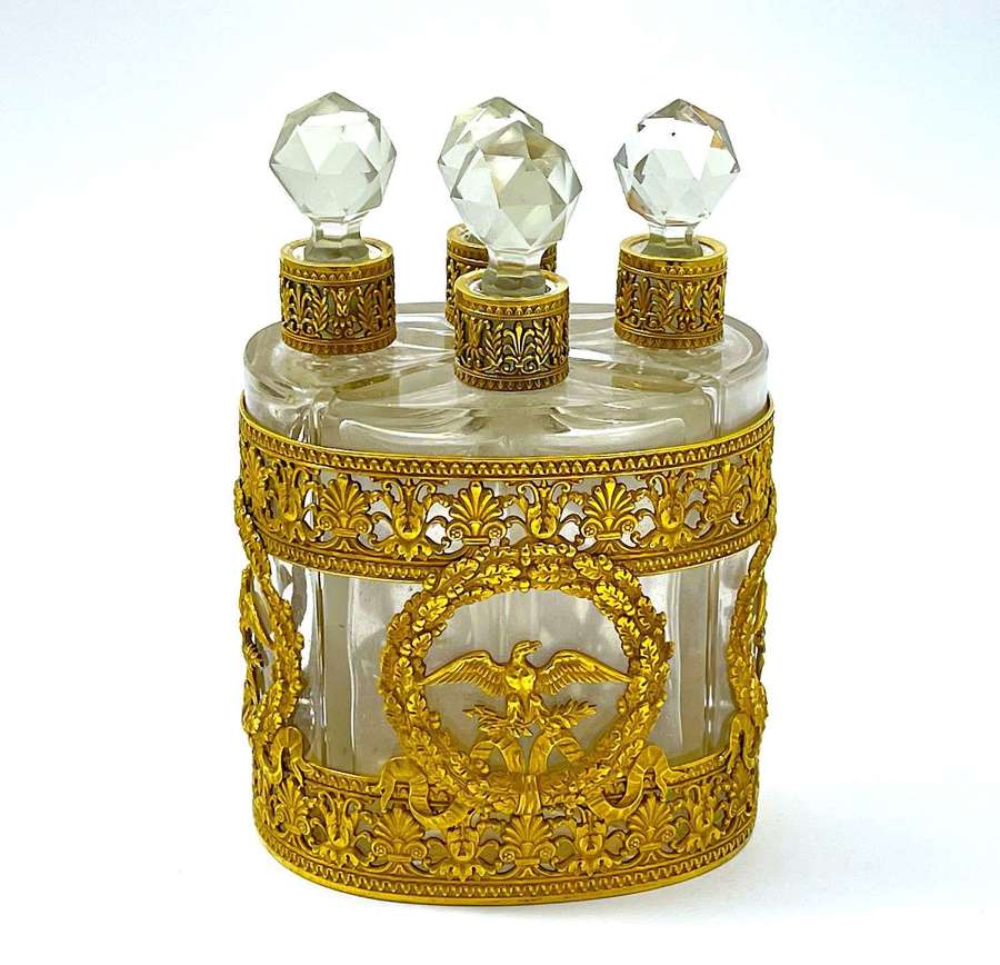 Napoleon III Dore Bronze and Crystal Perfume Bottle Set