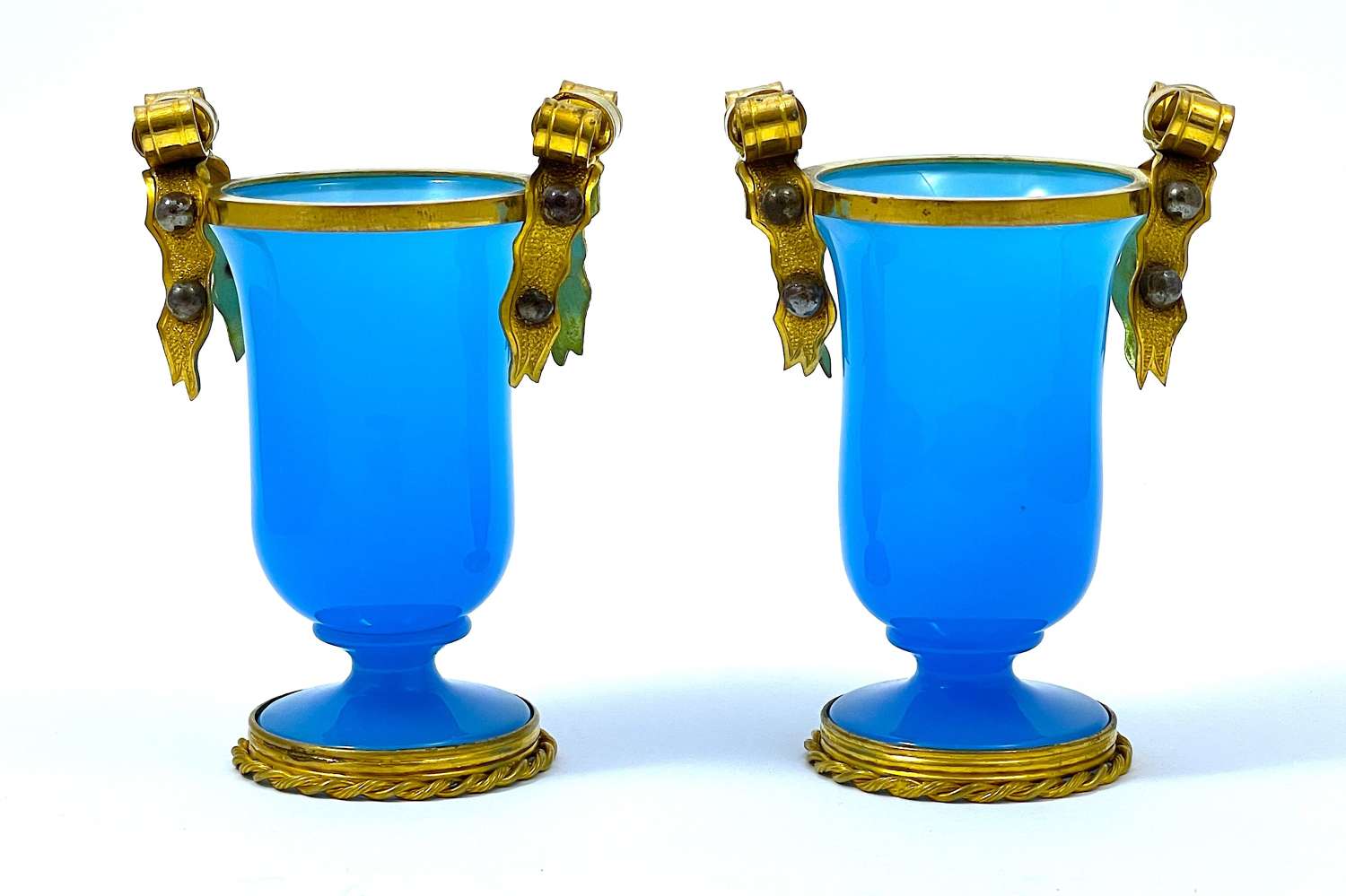 A Pair of Signed St Louis Blue Opaline Vases with Dore Bronze Bows