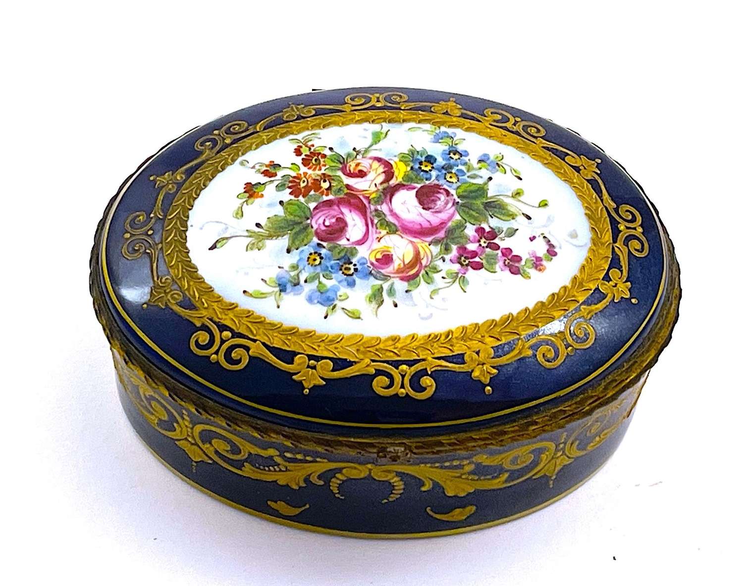 An Antique Sevres`Blu Roi`Porcelain Hinged Casket with Flowers