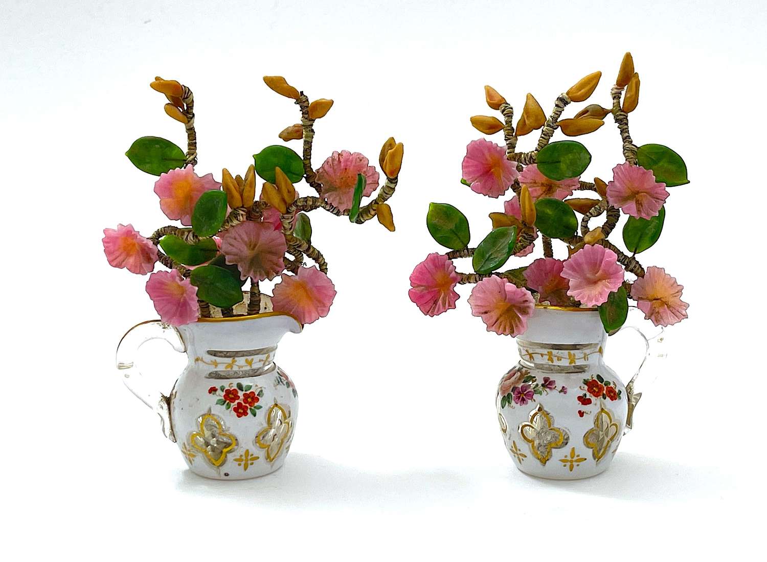 Rare Pair of Antique Miniature Overlay Glass Vases with Flower Display