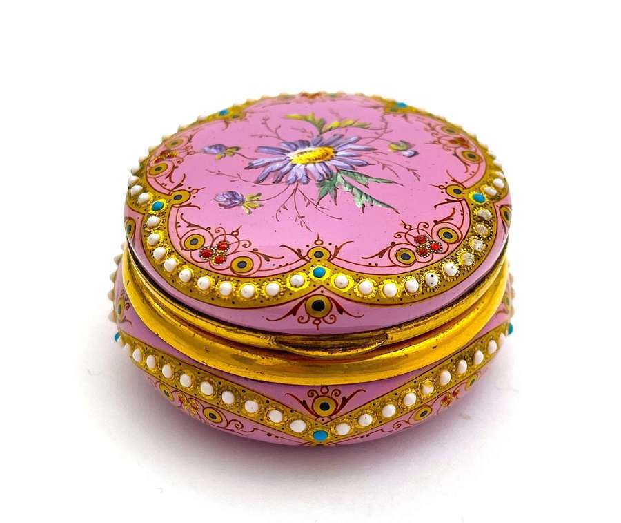 Antique French Pink Enamelled Pill Box Decorated with Raised Jewels.