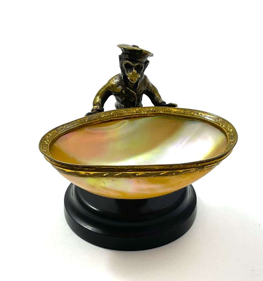 Antique Mother of Pearl Vide Poche with a Finely Modelled Monkey