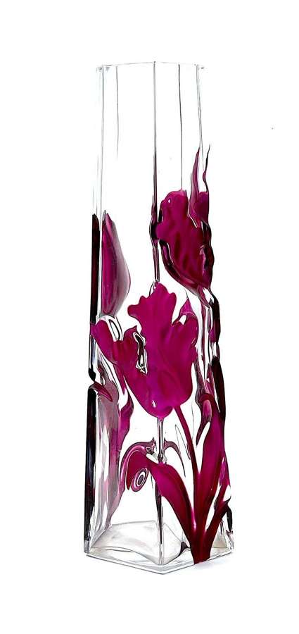 Stunning Antique Moser Clear and Plum Pink Glass Intaglio Vase.