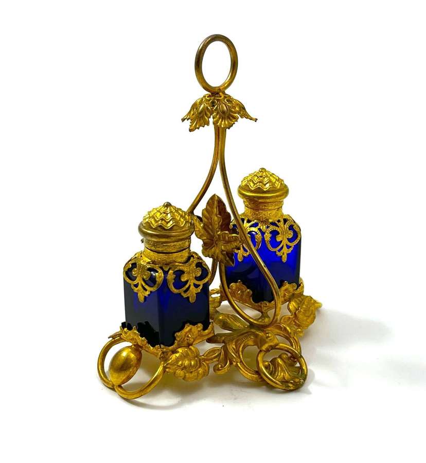 Antique Palais Royal Cobalt Blue Crystal Glass and Dore Perfume Set