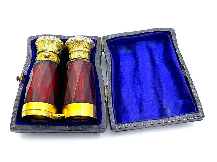 Fine Antique Ruby Red Glass and Silver Binocular Double Scent Bottle