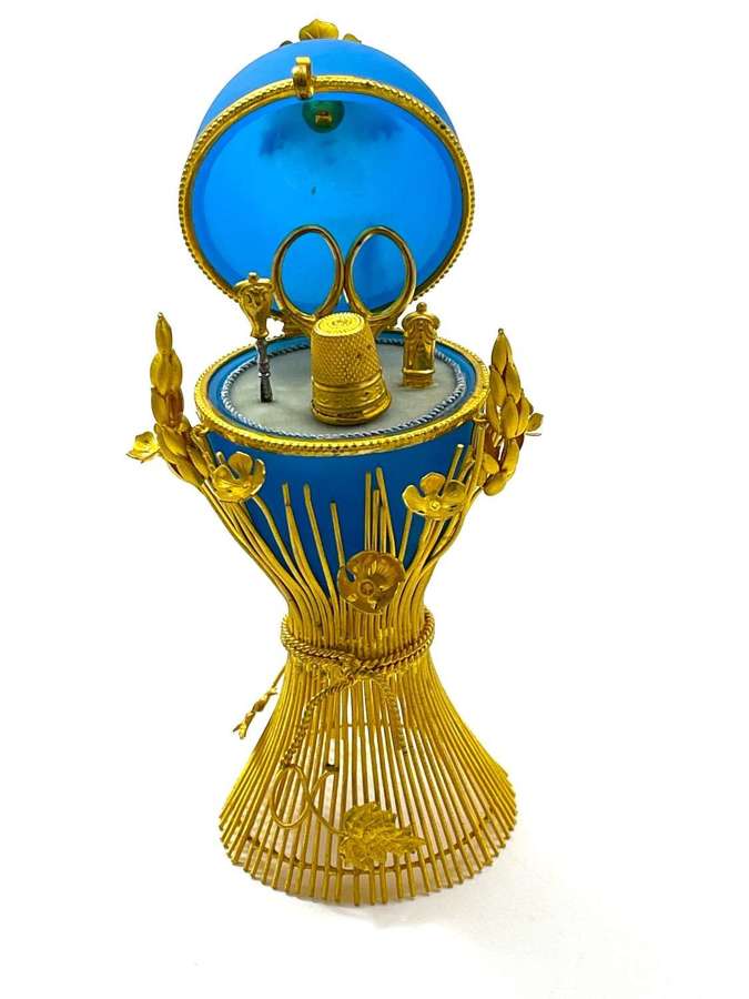 Antique French Palais Royal Blue Opaline Glass Gilded Egg Sewing Etui.