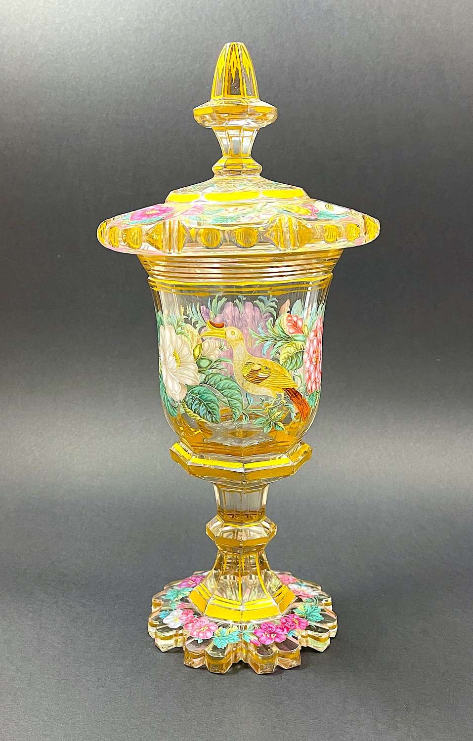 Rare Antique Bohemian Goblet Decorated with Flowers & Birds