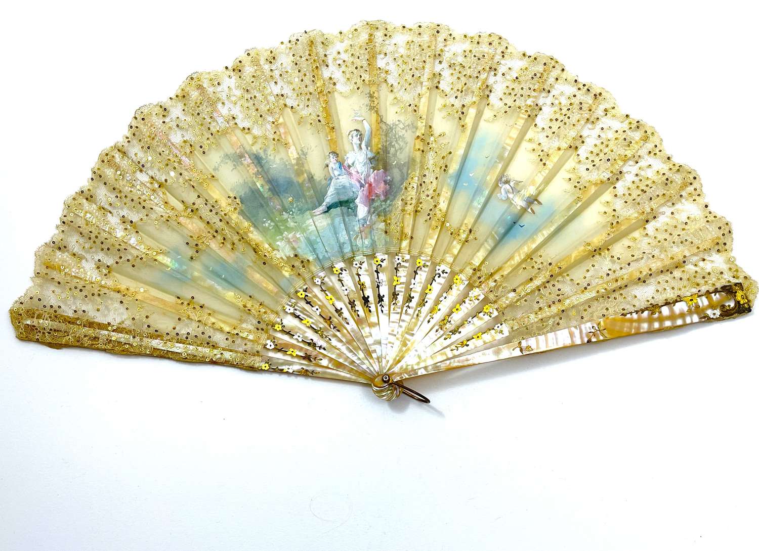 A Fine Antique French Hand Painted and Lace Fan Decorated with Sequins