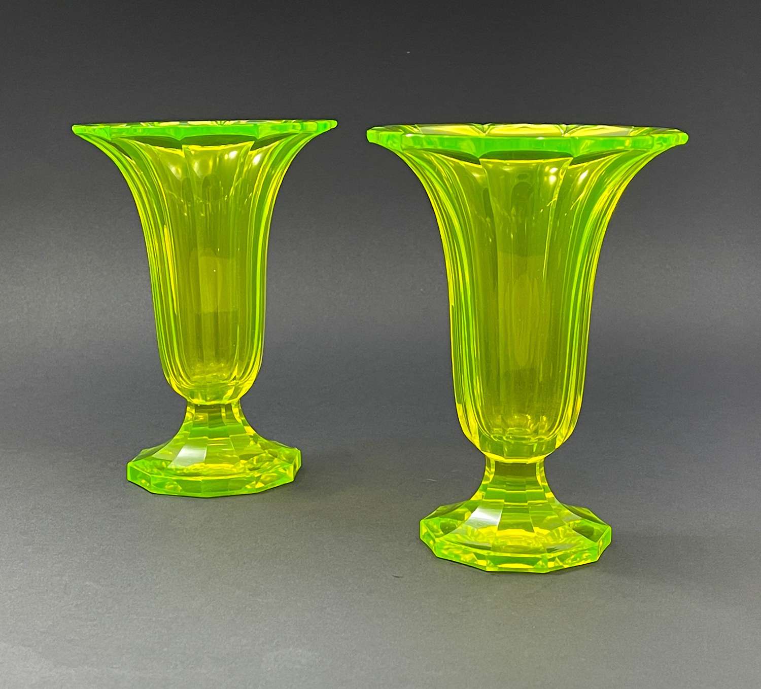 Pair of Antique Bohemian Faceted Uranium Glass Vases.