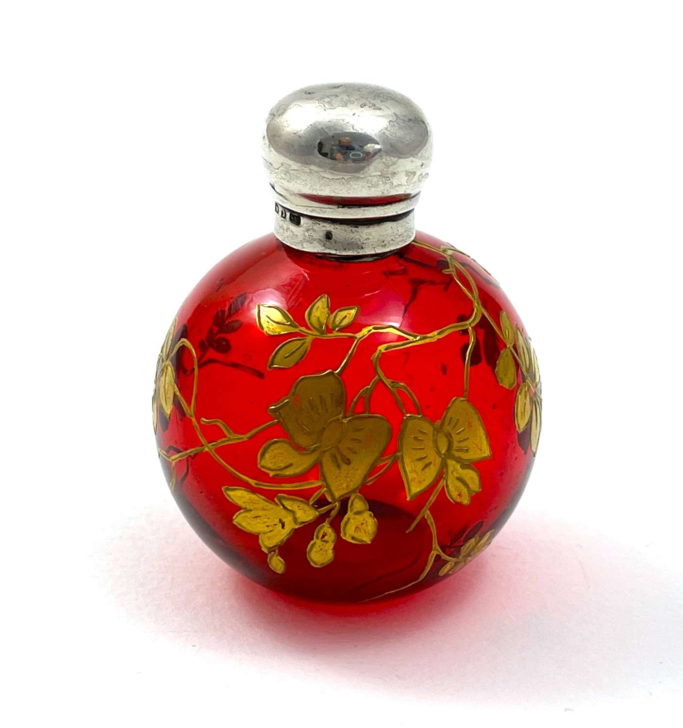 Pretty Antique Ruby Red Glass and Silver Perfume Bottle 