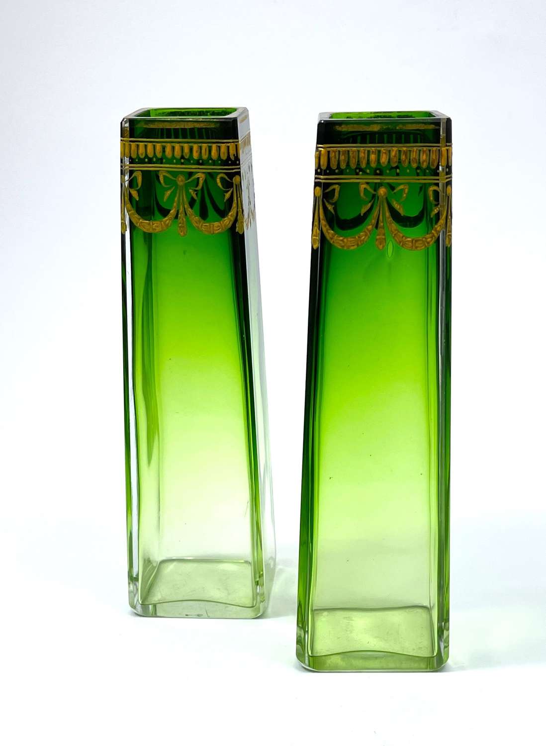 Pair of Antique Green Gilded Glass Vases