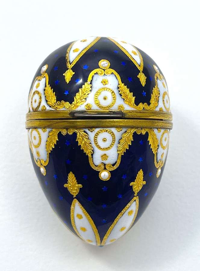 Superb High Quality French Enamelled Egg Box in Blue, White and Gold.