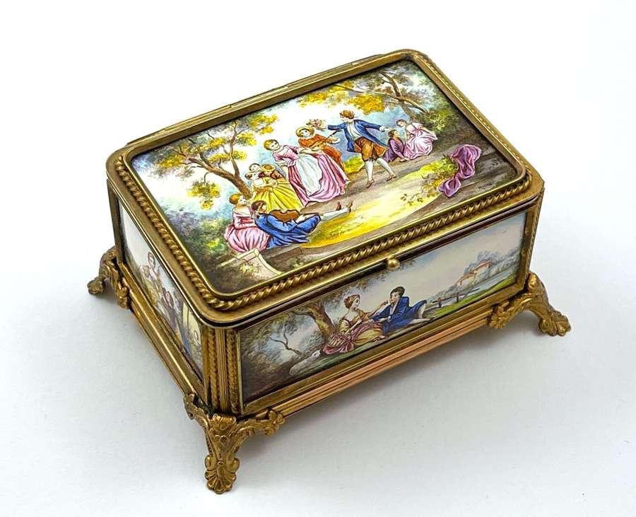 Antique French Signed Finely Decorated Enamel Casket with Dore Bronze
