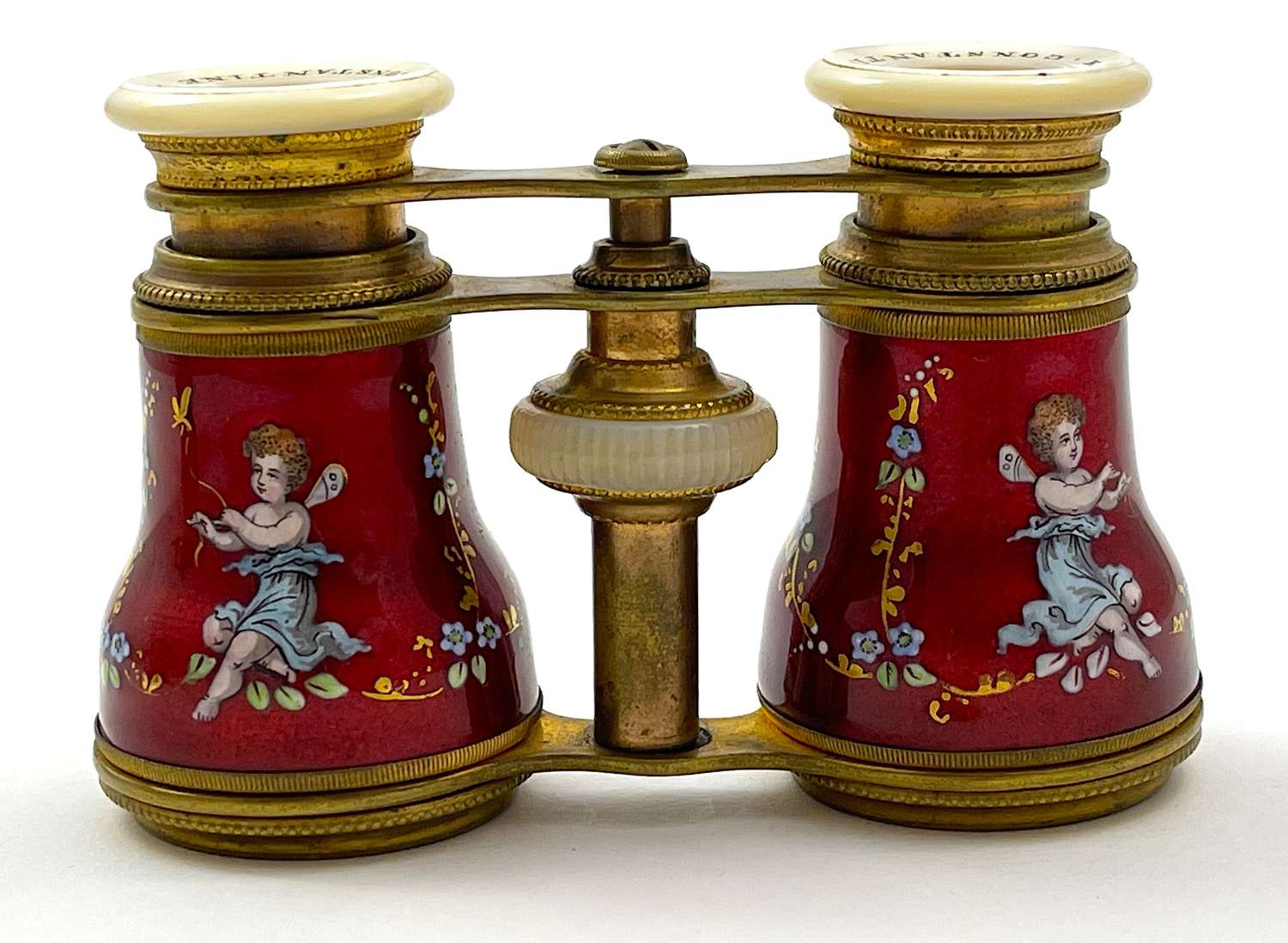 An Exceptional Pair Antique French Enamel Opera Glasses with Cherubs.