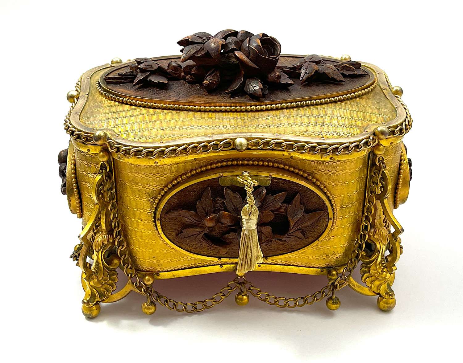 A Large Antique French Dore Bronze and Carved Wood Jewellery Box.