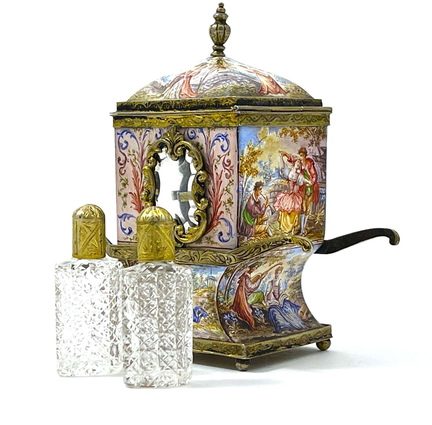 Rare Antique Vienna Silver and Enamel Sedan Perfume Set
