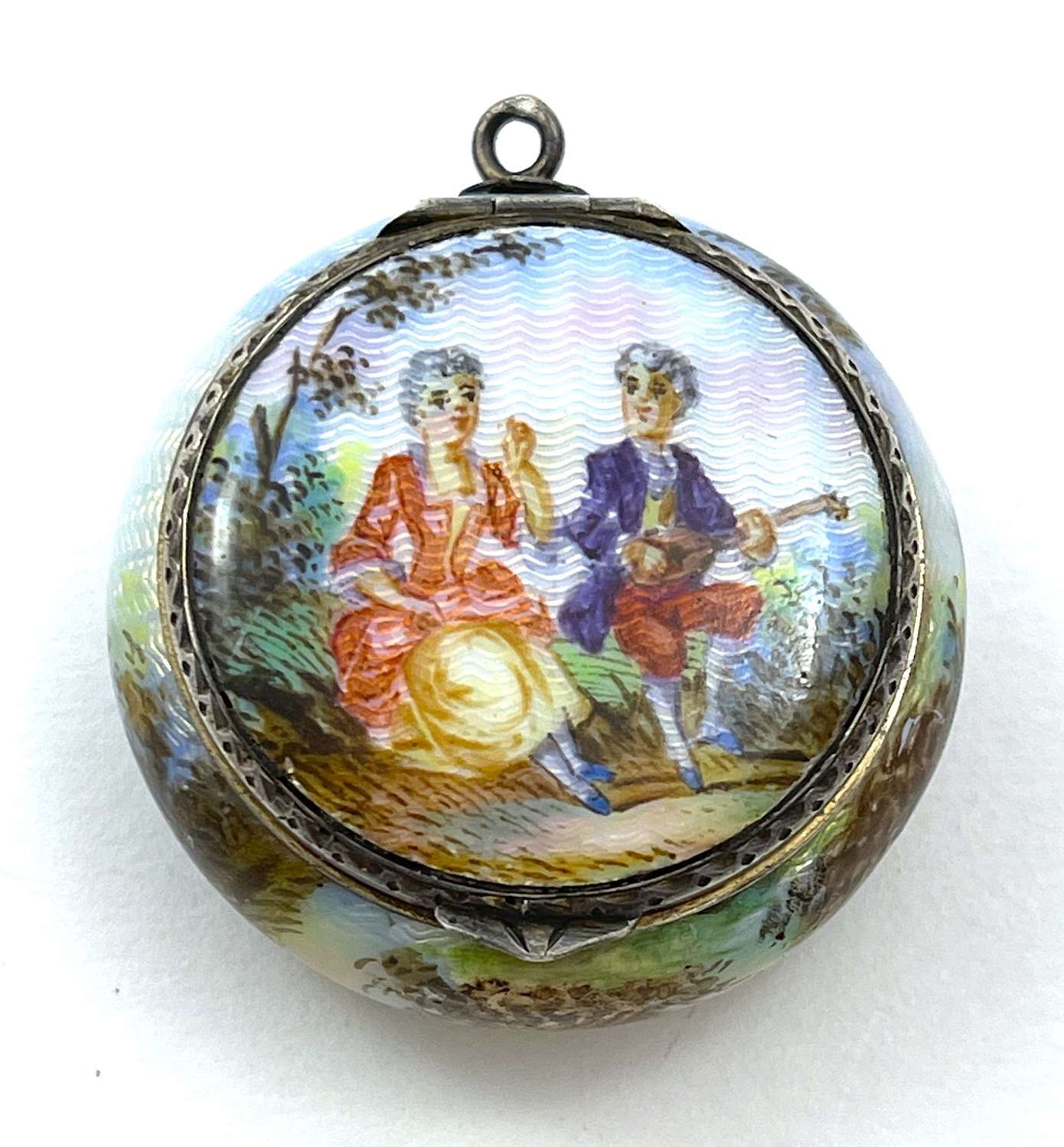 Lovely Antique French Miniature Guilloche Enamel and Silver Compact